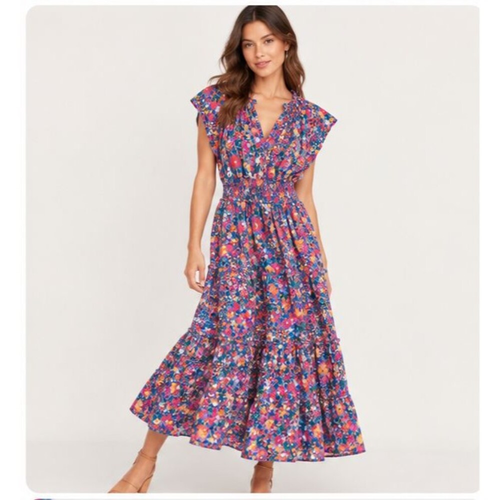 Rails Womens L Amellia Leilani Floral Cotton Smocked Tiered Maxi Dress Blue